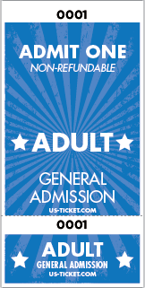 Admit One Adult Roll Ticket - 2 Part Admission Style Blue