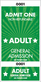 Admit One Adult Roll Ticket - 2 Part Admission Style Green