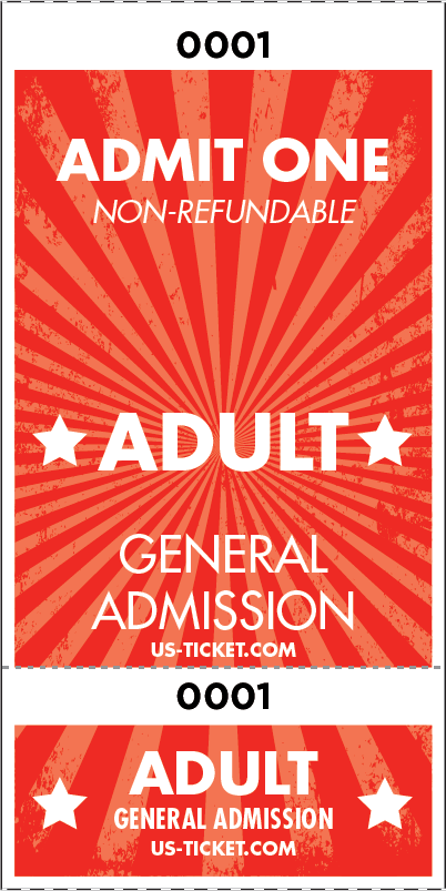 Admit One Adult Roll Ticket - 2 Part Admission Style