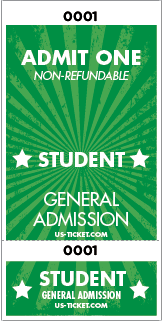 Admit One Student Roll Ticket - 2 Part Admission Style Green